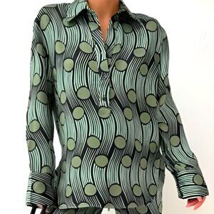 New Zara Printed Flowing Blouse Green Size Small